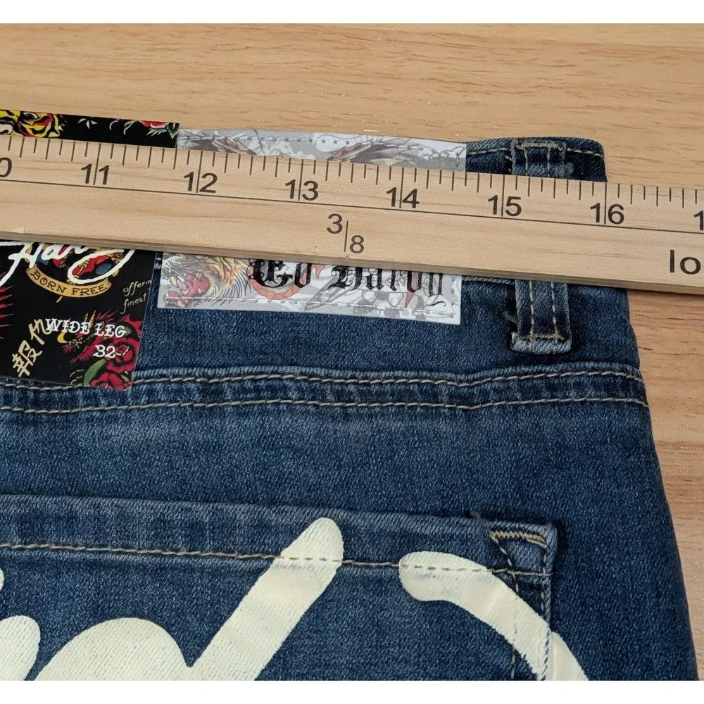 Ed Hardy Mens 32 Wide Leg Embroidered Jeans Medium‎ Vintage Blue NEW